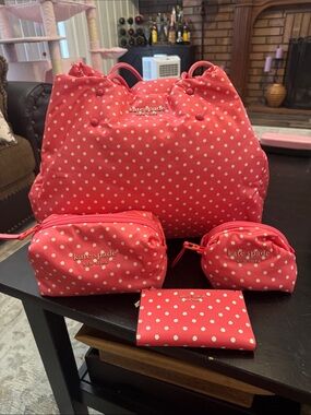 NWOT Kate Spade Coral Pink Polka Dot Tote w/ wallet, makeup & change pouch